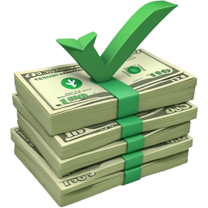 stack of bills facing up with a big green tick in the background emoji