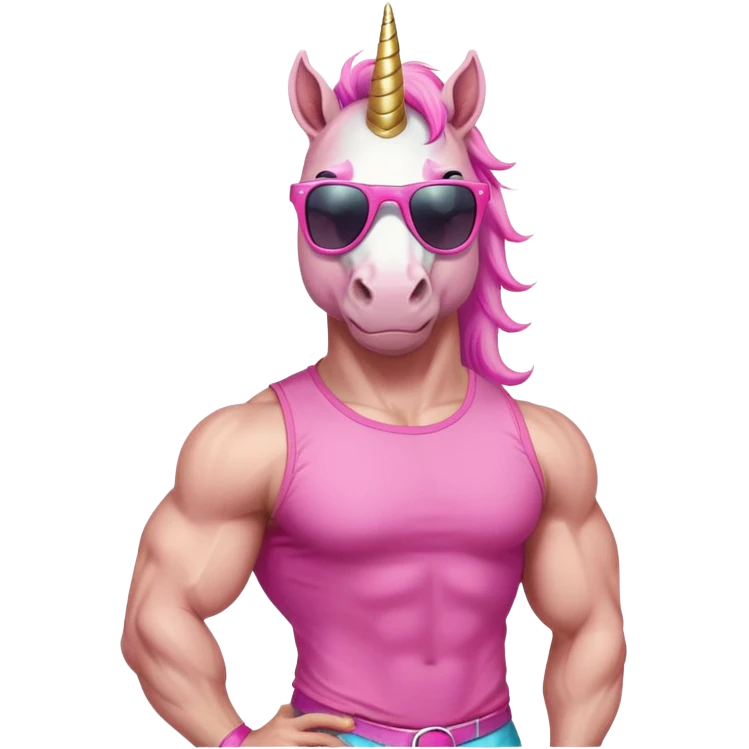 friendly anthropomorphised masculine unicorn with horse-like face, muscular bodybuilder build, in tutu and pink t-shirt, wearing dark sunglasses, standard pose, close-crop head and shoulders portrait emoji