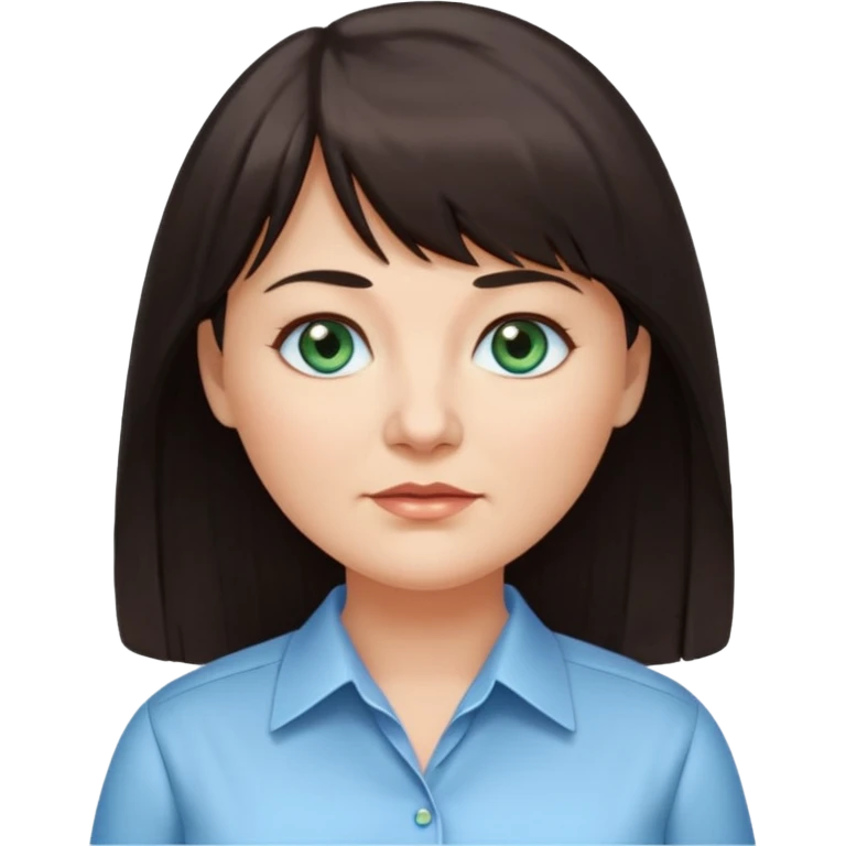 50 yr old woman, blue green eyes, long straight dark brown hair, business shirt, chubby, bangs emoji