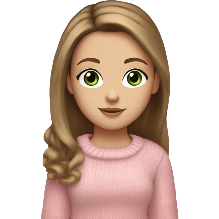 White girl with long mid brown hair and long beautiful eyelashes, green eyes, wearing a light pink sweater, light blue jeans, earmuffs, ugg boot shoes and carrying a pink bag emoji