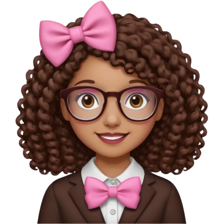 medium-lightskin girl with medium length chocolate brown side part curly hair, pink and white bow on the side, with brown glasses, brown eyes, noes piercing emoji