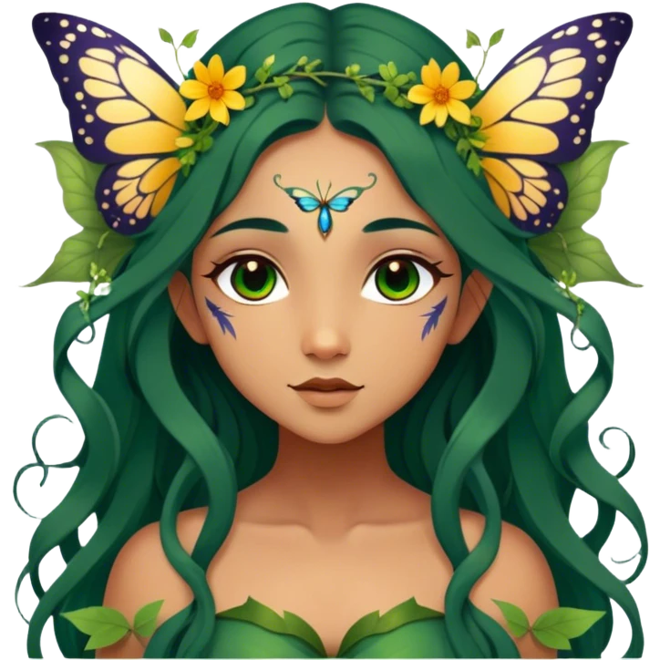 Cinematic Realistic Forest Fairy Portrait, depicted with lifelike, sun-kissed tanned skin that radiates an earthy glow, softly illuminated by natural, dappled light. Her long, flowing dark green hair is intricately detailed and interwoven with delicate vines and wildflowers, while her deep, soulful eyes mirror the wisdom of the forest. Dressed in an attire inspired by nature’s palette—with subtle botanical motifs—the portrait exudes a soft, enchanted glow that melds realism with woodland magic showing her large butterfly wings from her back. emoji