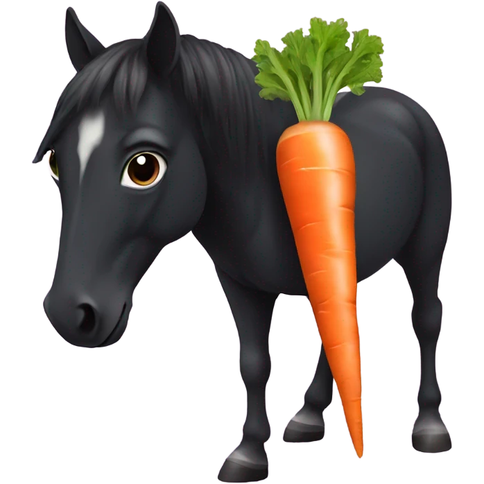 A tiny black horse eating a giant carrot emoji