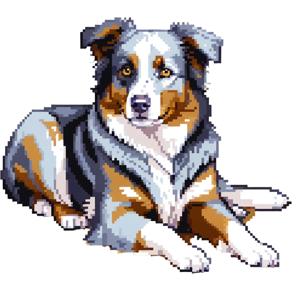 Merle Australian Shepherd dog laying down, blue merle coat, relaxed emoji