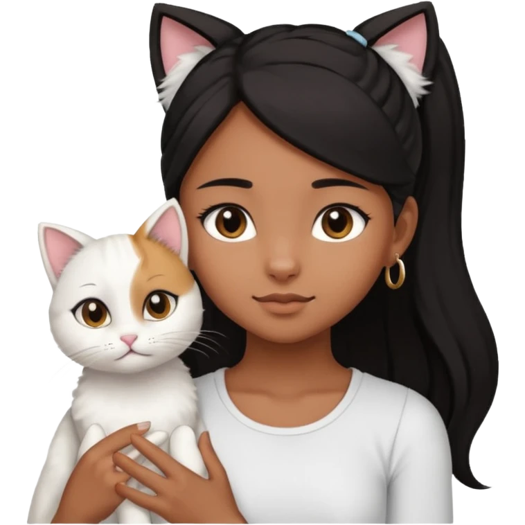 An brown skin Teenager girl with brown eyes, long black hair in a high ponytail, with a white crop top holding her white cat which has folded ears  emoji