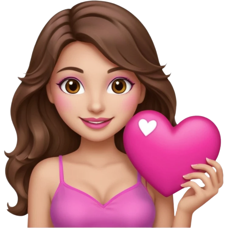 girl with long wavy brown hair, brown eyes, long lashes makeup, sexy pink lips, light to medium complexion, wearing a pink sexy top, smiling, holding a big heart emoji