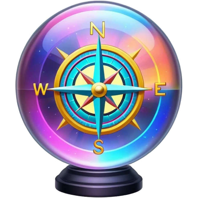 A glowing holographic compass with vibrant neon colors inside a crystal-clear sphere emoji