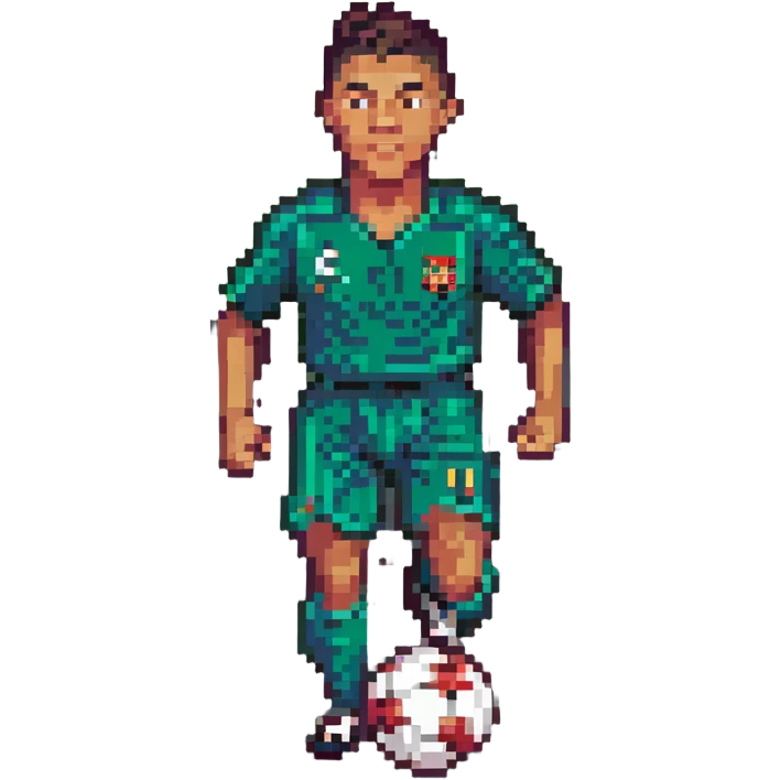 Cristiano Ronaldo, pixel art, simplified details, football kit, running with ball, retro game vibe emoji