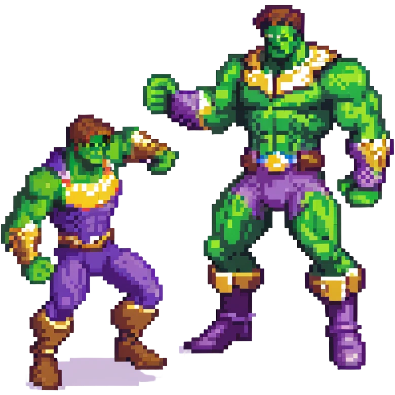 Hulk vs Thanos battle scene, green muscular superhero fighting purple villain with Infinity Gauntlet, action poses emoji