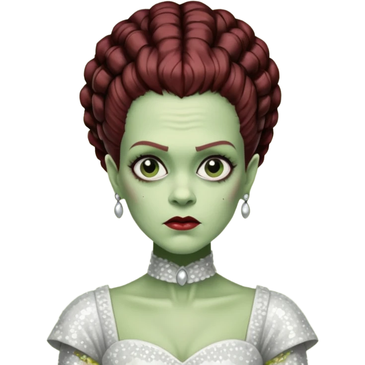 Bride of Frankenstein from Universal Monsters with pale greenish skin, dark auburn hair, white sequin outfit  emoji