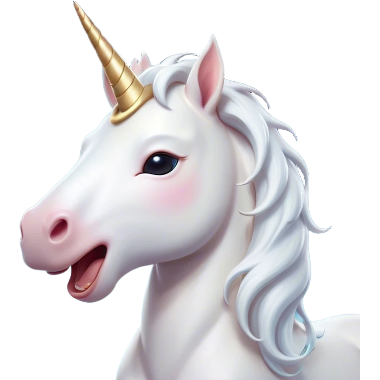 Cinematic Cute Yawning White Unicorn Portrait Emoji, Head tilted slightly with a dramatic, wide-open yawn, showcasing a softly elegant form with a gently cascading mane, a subtly glowing horn and sleepy, half-closed eyes, Simplified yet irresistibly adorable features, highly detailed, glowing with a soft, cozy magical glow, high shine, relaxed yet expressive, stylized with a dash of whimsical enchantment, soft glowing outline, capturing the essence of a drowsy yet affectionate white unicorn that appears ready to stretch and yawn its way out of the screen! emoji
