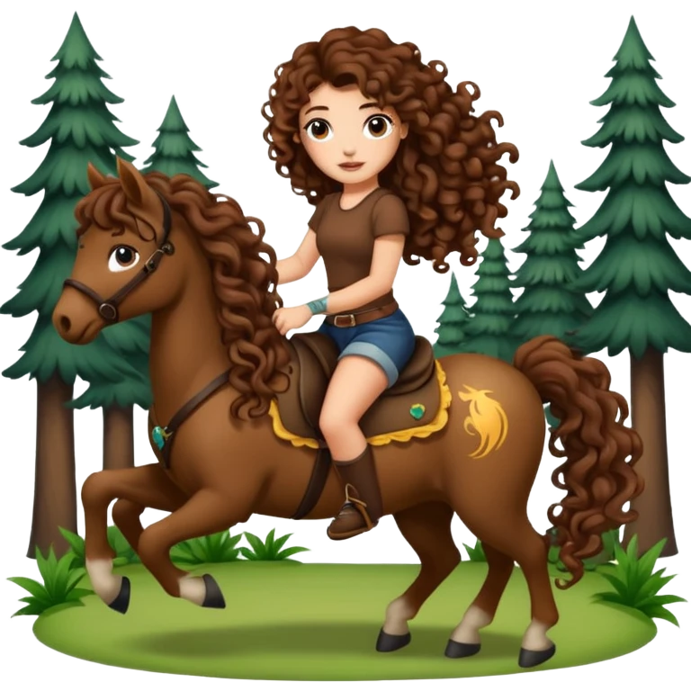 cute woman long curly brown hair tattoos riding forest pony emoji