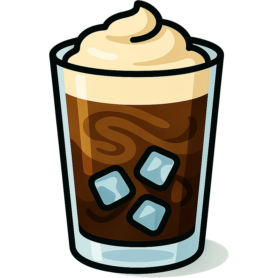 realistic icon of greek freddo espresso in transparent glass with swirling coffee, ice, creamy top, subtle shadow emoji