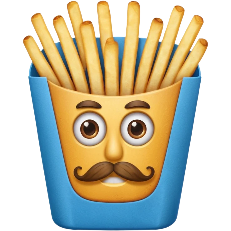 long slim crispy fries in a blue carton, carton has eyes and mustache emoji