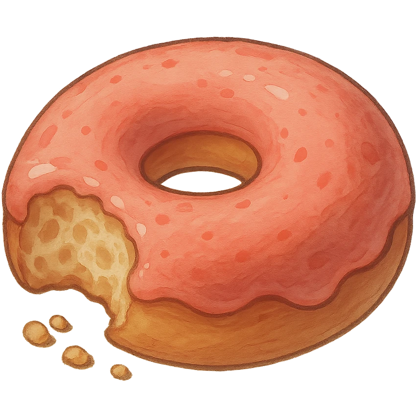 Bitten donut in Ghibli style, detailed, soft red colors, with no background emoji