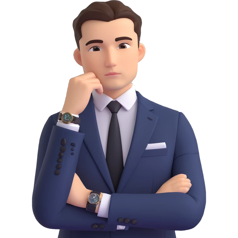 front-facing emoji-style illustration of a thoughtful businessman from the waist up, wearing a sharp suit, hand under chin, gazing slightly to the side, luxury watch visible on wrist, expression of curiosity and contemplation, clean background emoji