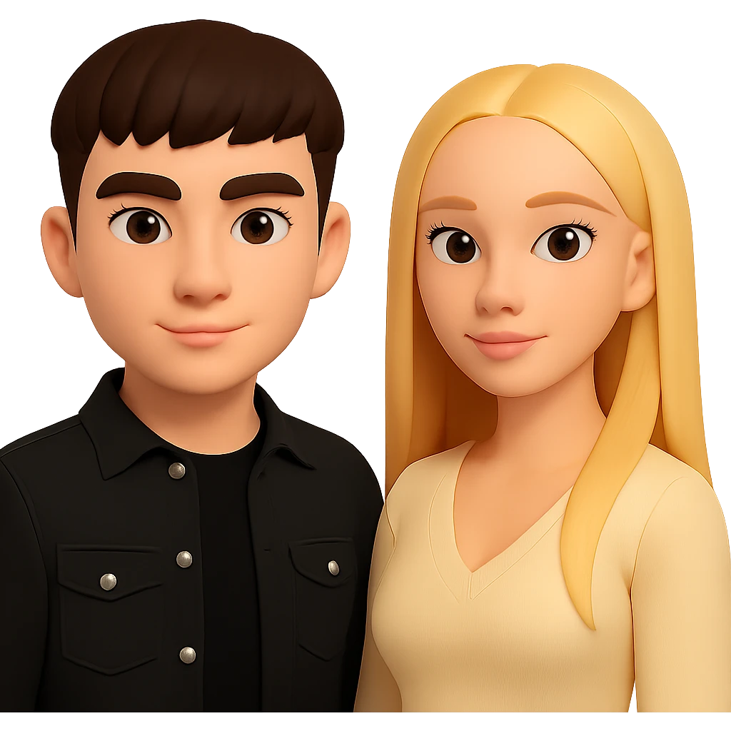 Slightly increase the volume of the upper body of the girl, significantly spread them apart from each other, make the skin color the same for both characters, keep the cartoon style, no background. emoji