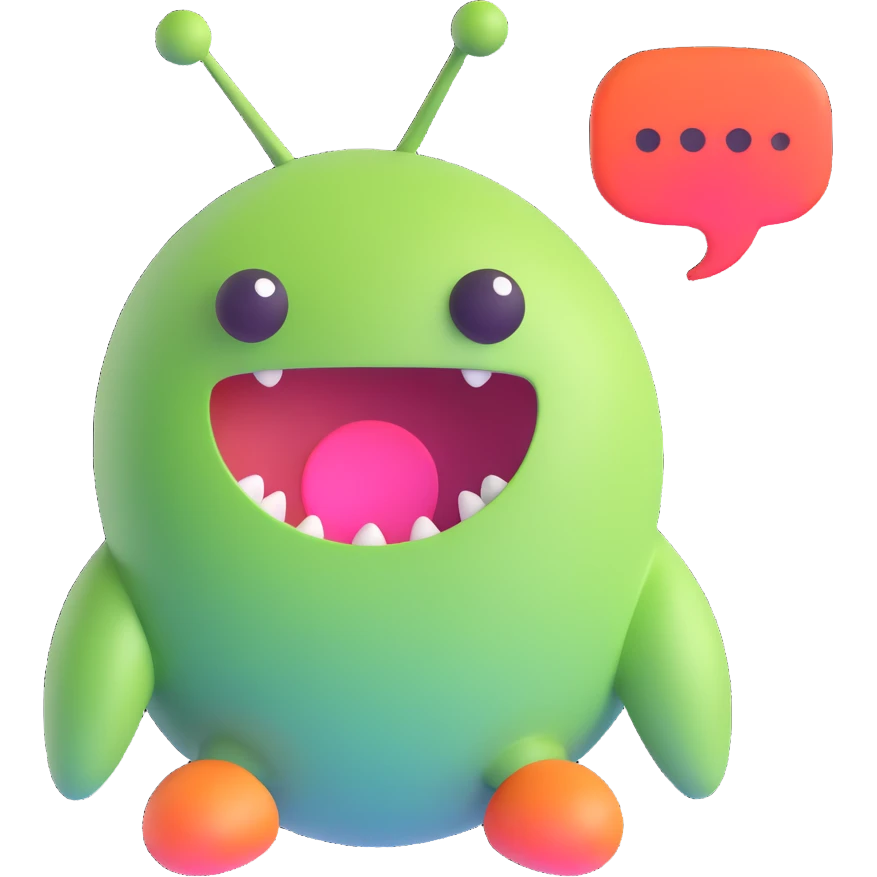 Retro game mascot — like a Tamagotchi-style AI creature, round and colorful with a speech bubble. emoji