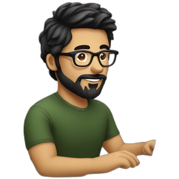 Designer with black hair, beard and glasses working with MacBook and drinking cappuccino  emoji