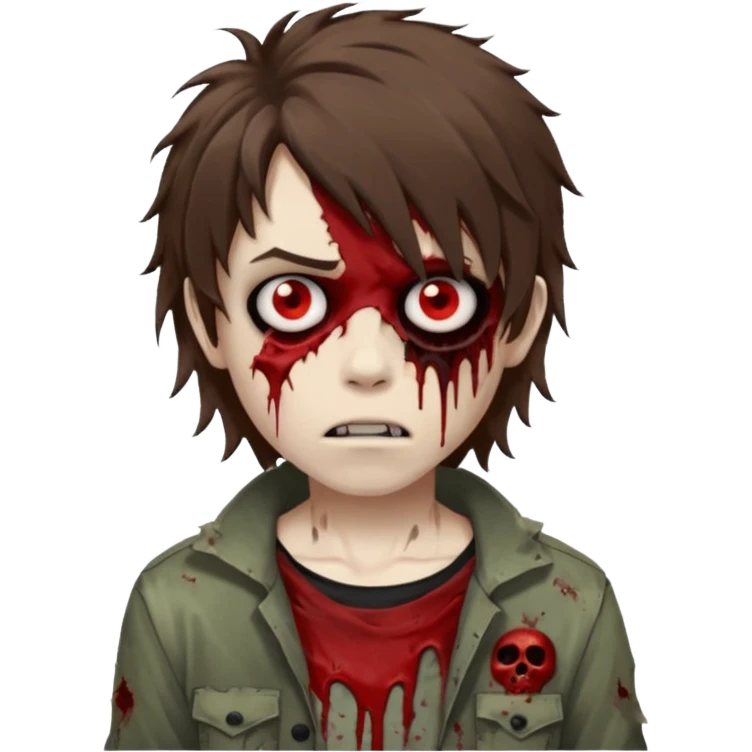 Boy, zombie, brown hair, medium long and wavy, emo, shaggy, dark, spooky, creepy expression emoji