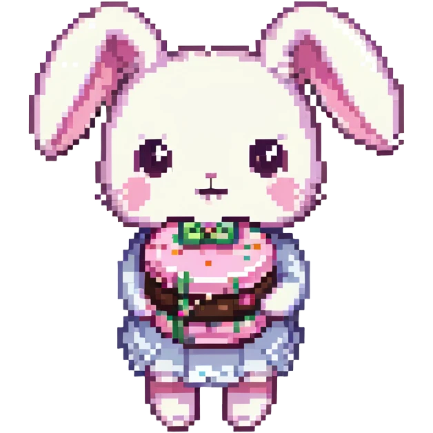 chibi bunny holding a giant macaron, soft pink background, pastel dessert theme, adorable illustration emoji