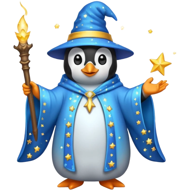penguin wizard casting a spell, with sparkles and a starry robe, emoji style emoji