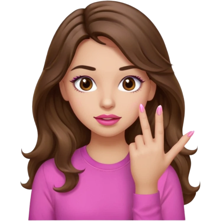 girl with long wavy brown hair, brown eyes, light to medium complexion, in a pink shirt, pink lips, long lashes, puckered lips,  showing  finger nails emoji