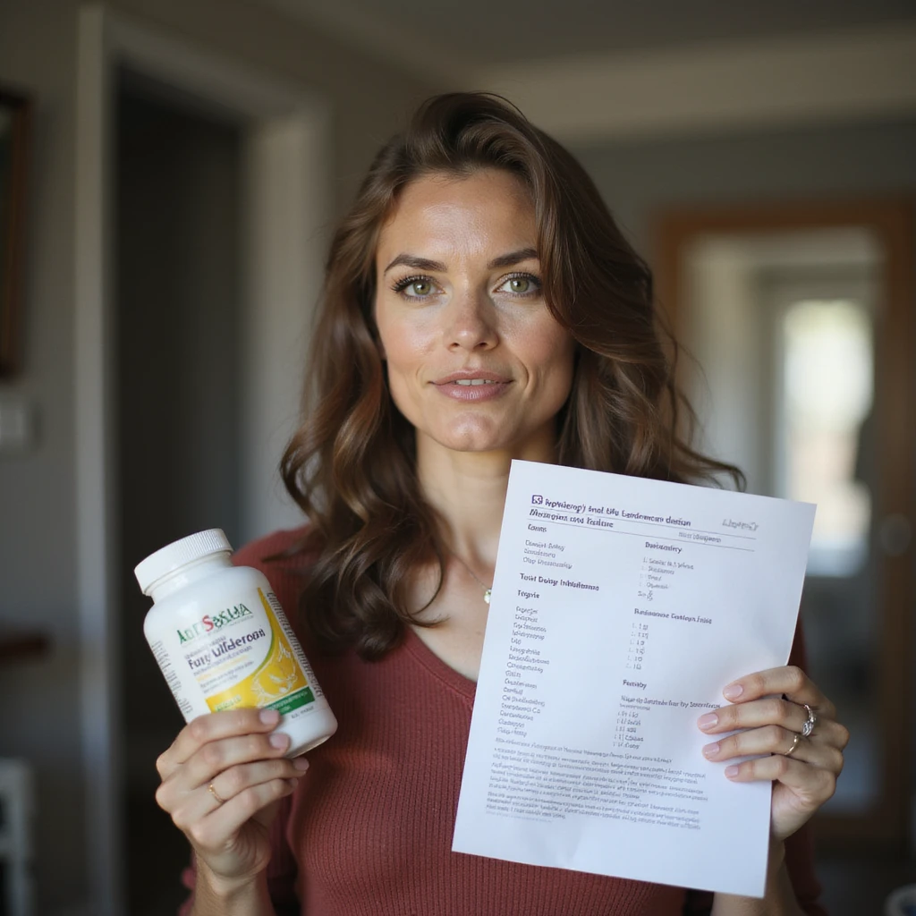 realistic image of a woman holding a supplement package and a medical report showing a deficiency, home environment, reflective expression, clinical details emoji