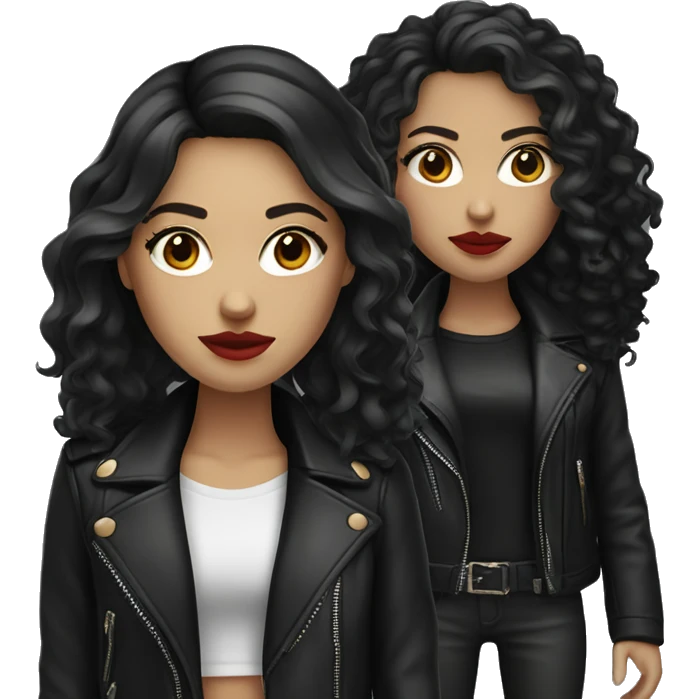 White girl, with long curly black hair, with red lipstick, wearing  black shirt and leather jacket emoji