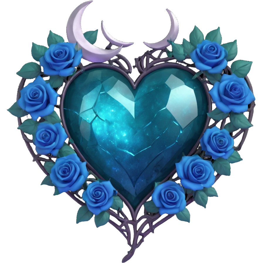 gothic heart made of dark teal glass with silver crescent moon, midnight blue roses, holographic stardust, neon lightning, drenched look, splintered glass texture emoji