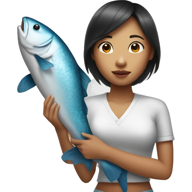 a asia skin girl is holding a big fish emoji