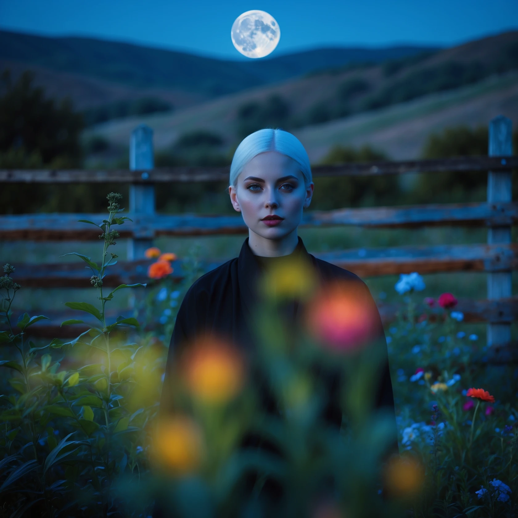 A portrait of a white person in the foreground, blurred plants in the foreground, a wooden fence and colorfull flowers in the midground, rolling hills in the background, cinematic depth of field, layered composition, moon back light (Blue night) emoji
