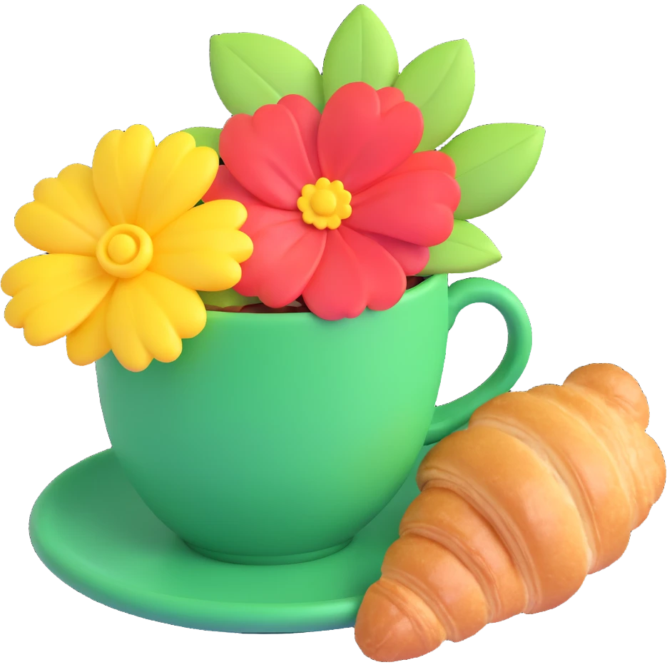 A green cup of coffee with a flower on top and a green bow, next to a croissant, in a warm, cozy setting. emoji