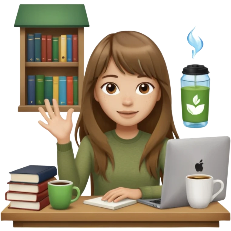 a designer with light skin long brown hair bangs waving, stack of books, coffee cup on top, water bottle, computer, matcha  emoji