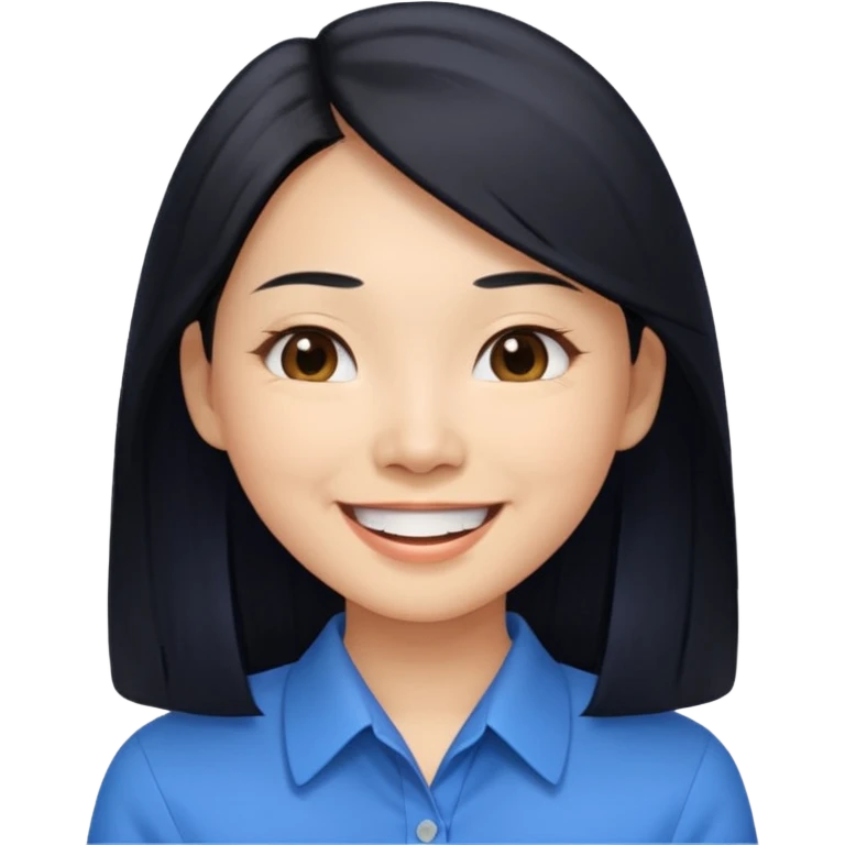 30 yr asian woman light skin long straight black hair big smile blue collared shirt emoji