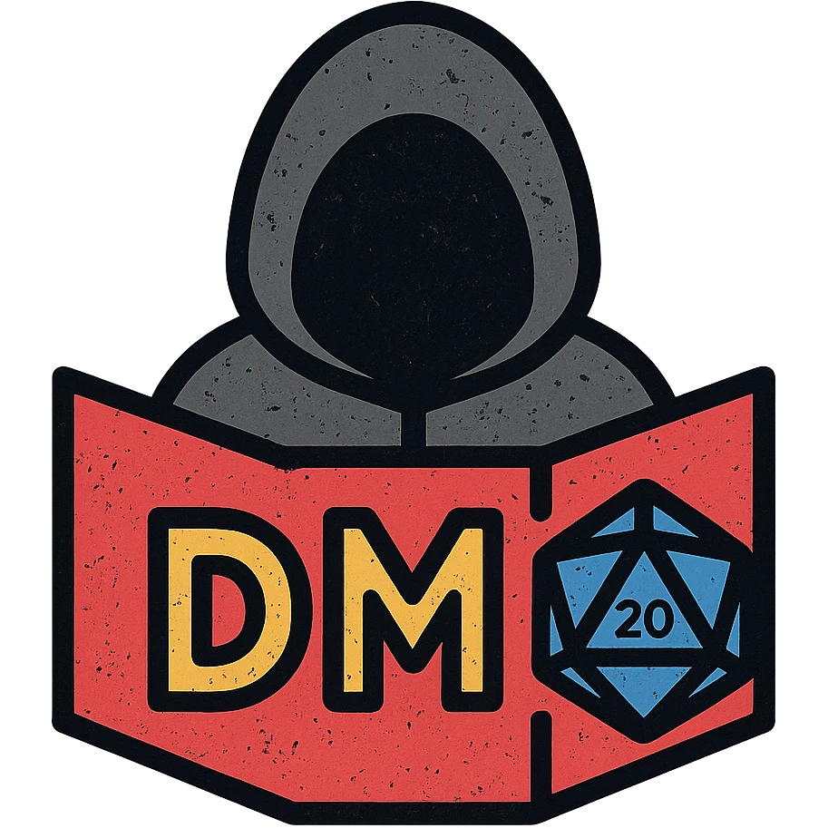 minimalist icon representing Dungeon Master for DnD TTRPGs with DM screen, dice, or hooded figure, worn distressed look emoji