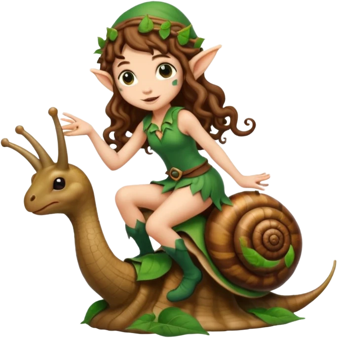 tiny forest elf long curly brown hair tattoos riding snail emoji