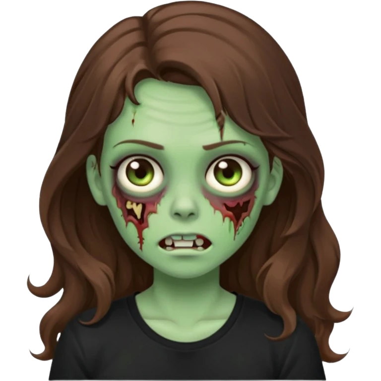 crie uma garotazoombie cabelo ondulado 2c longo castanho castanho comprido e blusa básica preta sem nada com pele esverdeada com rosto fofo  emoji