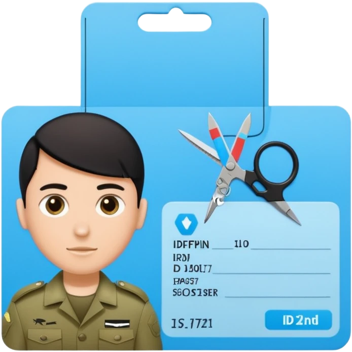 black Scissors cutting a light blue idf soldier ID card in 2 parts .hyper realistic emoji