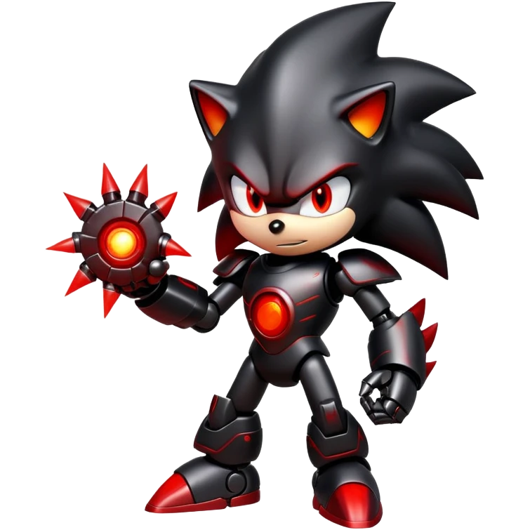 Robotic Shadow the Hedgehog with black metallic body, red glowing eyes, red energy streaks, and battle stance emoji