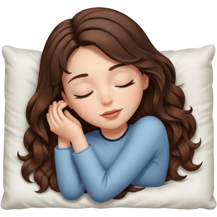 Um amenina super linda com cabelo marrom meio preto  com as pontas ondulado,  cabelo grande na cama deitada com o olho fechado  emoji