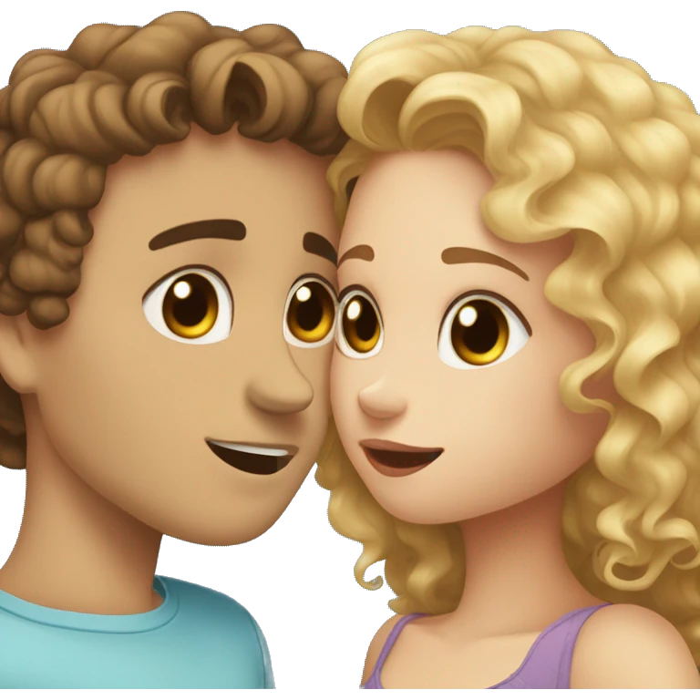girl with blond strait hair and blue eyes kissing a boy with brown hair that is curly with hazel eyes emoji
