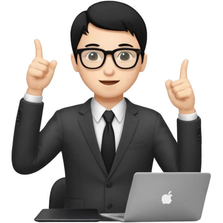 un estudiante con lentes y su laptop CON TERNO Y CABELLO NEGRO,  LEVANTANDO LAS MANOS DANDO LIKE emoji