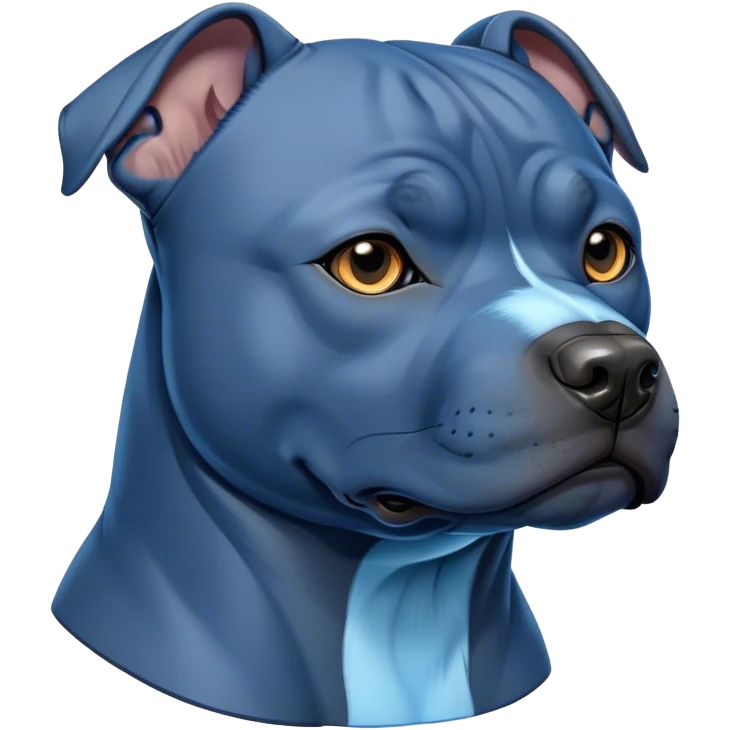 Cinematic Noble Blue Staffordshire Bull Terrier Portrait Emoji, Poised and regal, with a compact, muscular build and a sleek, well-groomed blue Fur, deep-set soulful dark eyes, Simplified yet sharp and sophisticated features, highly detailed, glowing with a soft, dignified glow, high shine, intelligent and loyal, stylized with an air of strength, focused and attentive, soft glowing outline, capturing the essence of a watchful and confident guardian, so majestic it feels as though it could stride out of the screen with effortless authority! emoji