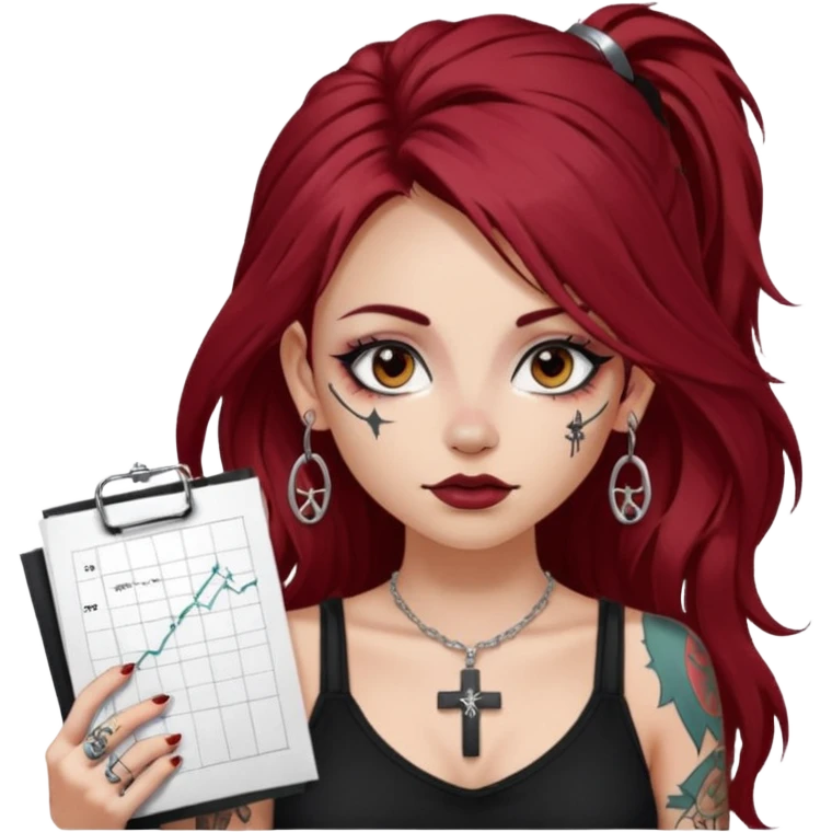 generate an ios genmoji of a fair girl with long dark red messy hair with eyeliner on her eyes.  septum piercing, wearing a cami black top, has tattoos, on shoulders. ear piercings. wearing a cross silver necklace. carrying a tote bag on her shoulders with chart paper peeking out. emoji