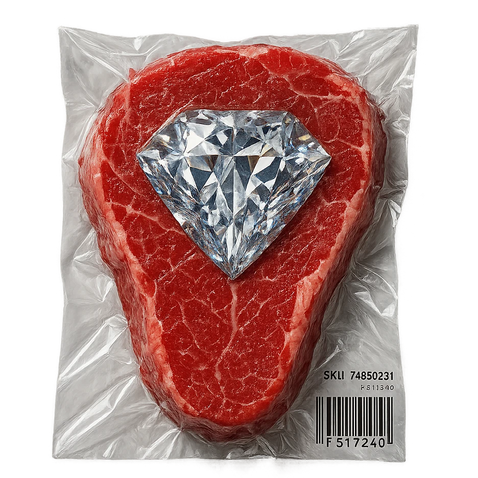meat steak with sparkling diamond facets, glossy and puffy, vacuum-sealed style emoji