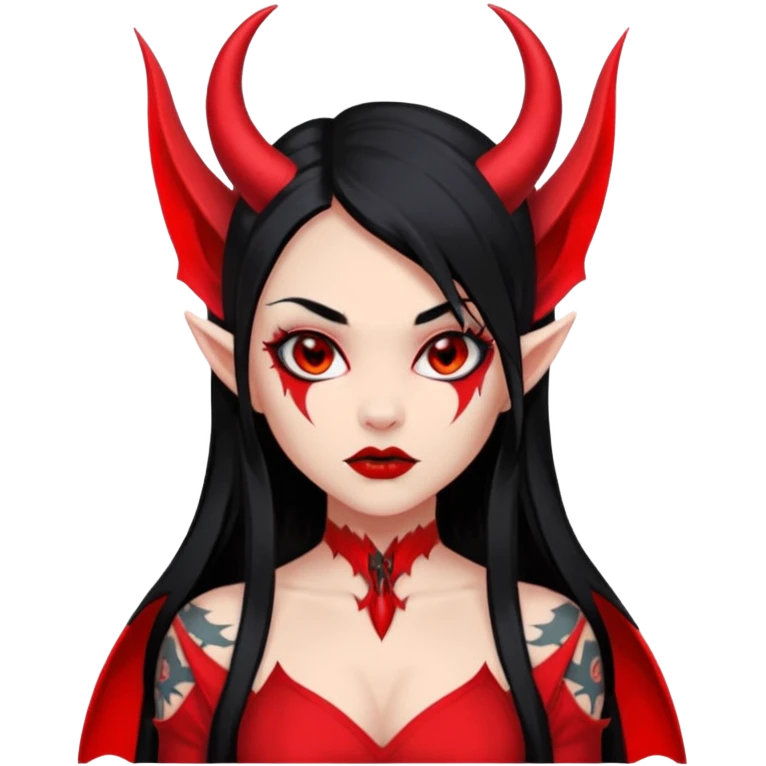 Full red-skin demon girl (entire body red), long black hair, small red horns, pointed ears, single bat wing, black open-back dress, bold tattoo-flash comic linework, red/black/gray, dark background, no text. emoji