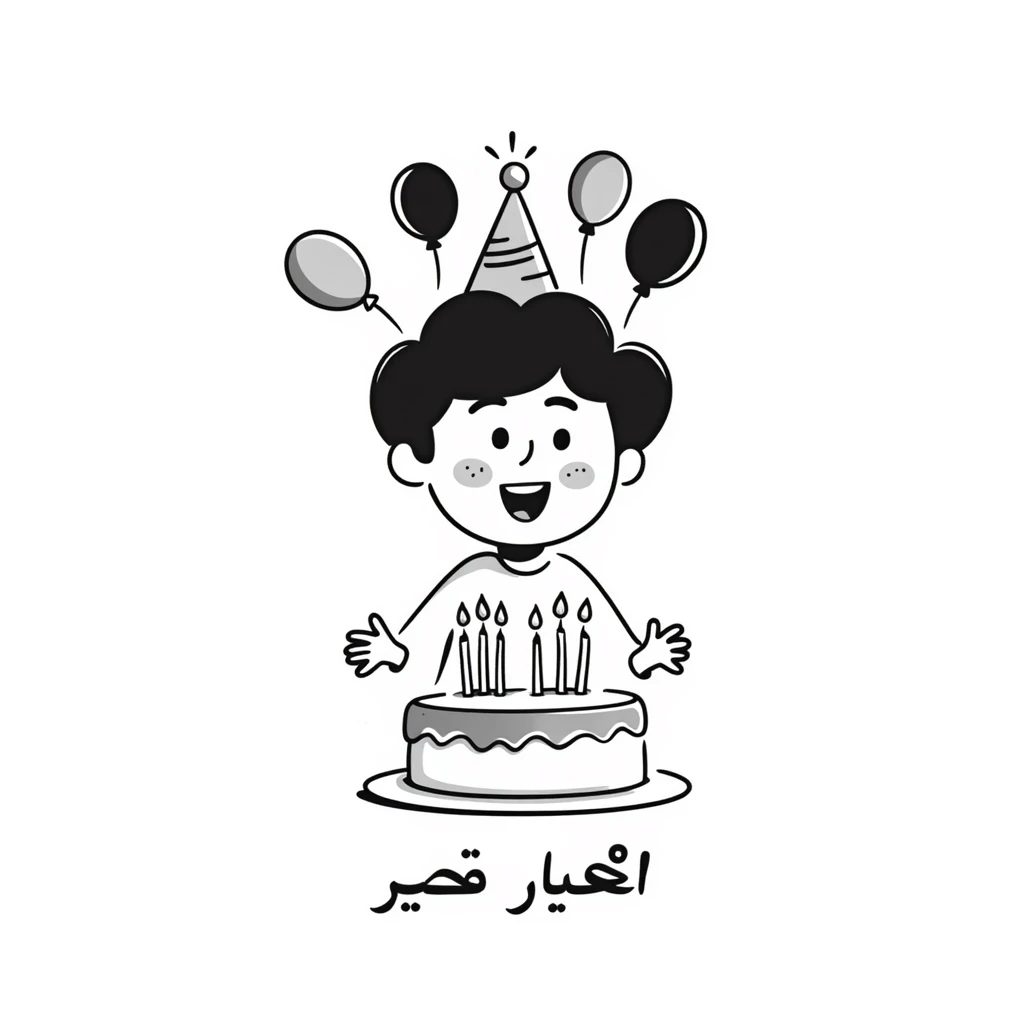 A cute little boy smiling with a birthday cake with candles and birthday decorations like balloons and party hats. At the bottom write in Persian text: "امیدرضاجان تولدت مبارک" emoji