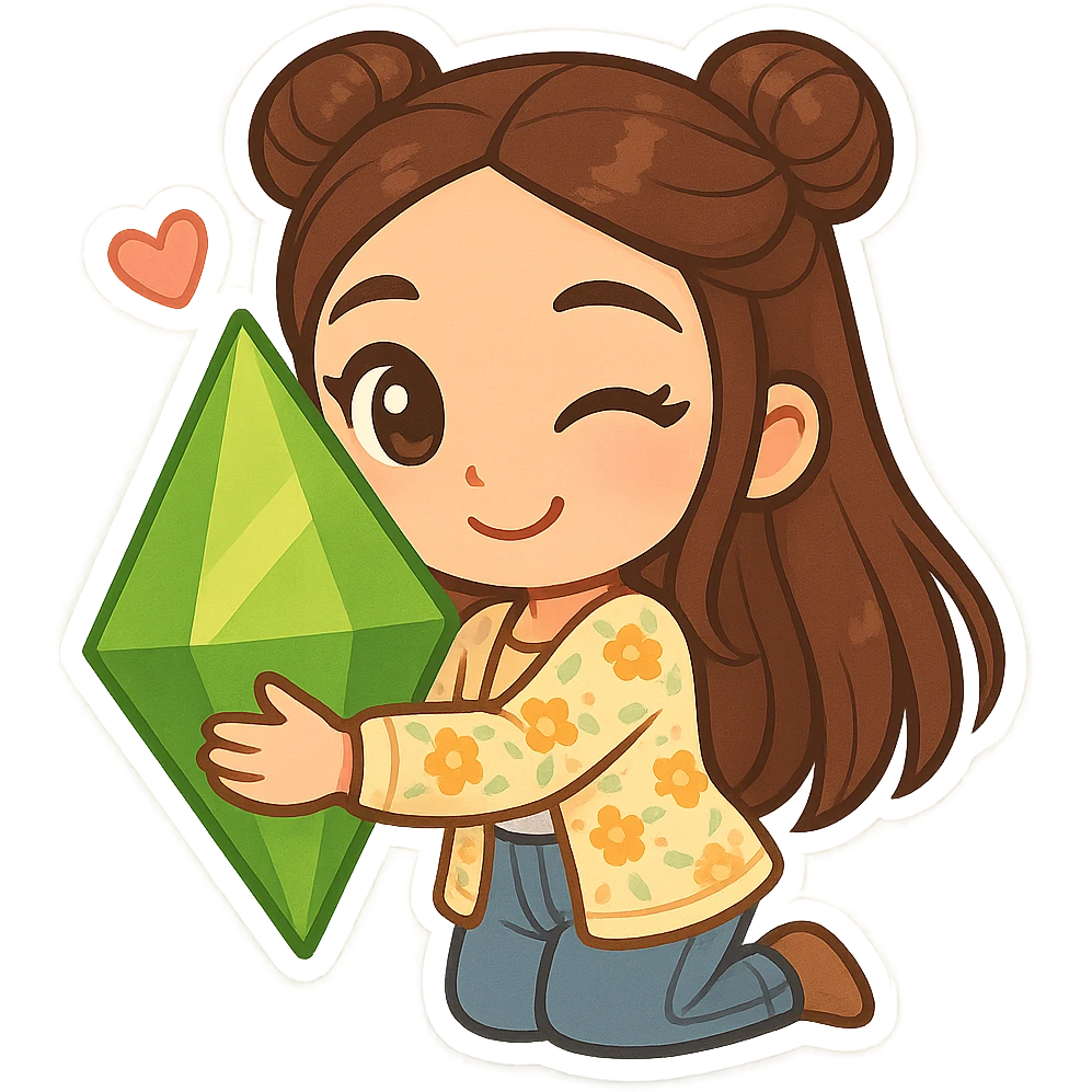 Create a chibi sticker of the girl from the reference image. She has brown straight hair styled in double buns, brown eyes, wearing a pastel floral cardigan and jeans. The pose is being flirty and hugging a plumbob. The sticker should have a white outline and a transparent background, 512x512px. emoji