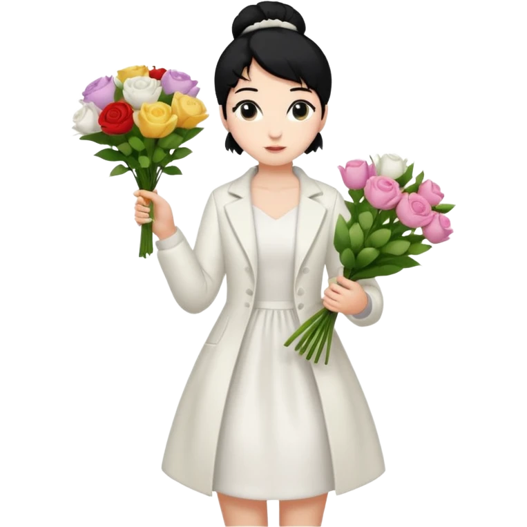 Chica blanca,cuerpo entero, vestido fiesta blanco ,manga larga ,con abrigo blanco ,pelo negro,    ramo de flores una mano, pelo recogido en moño alto emoji